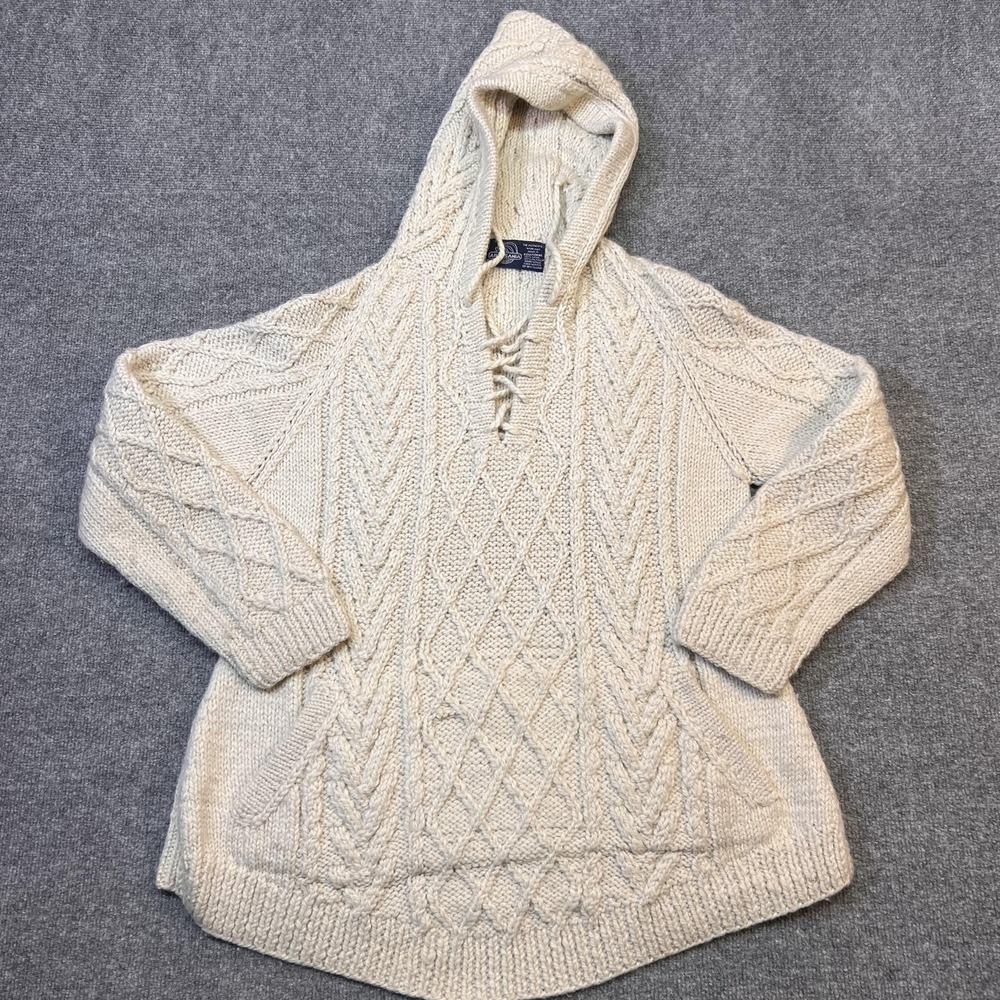 Artesania Sweater Womens XL White Hooded Hand Knit Wool Alpaca Cable Pullover